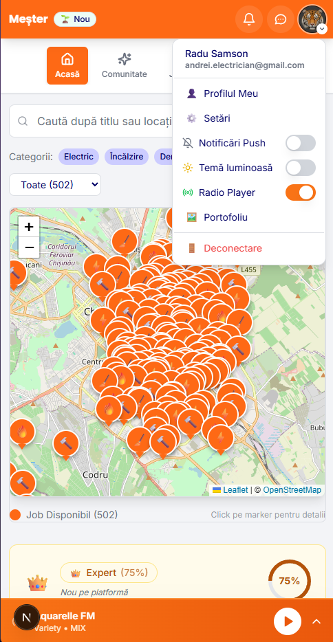 StarFix aplicație mobilă — interfață meșteri